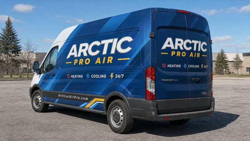 Concept mockup: white Ford Transit cargo van, rear three-quarter view in a parking lot, with the blue geometric Arctic Pro Air partial wrap continuing across the rear doors, white ARCTIC and gold PRO AIR branding, Heating · Cooling · 24/7 icons, and the website on the lower trim.