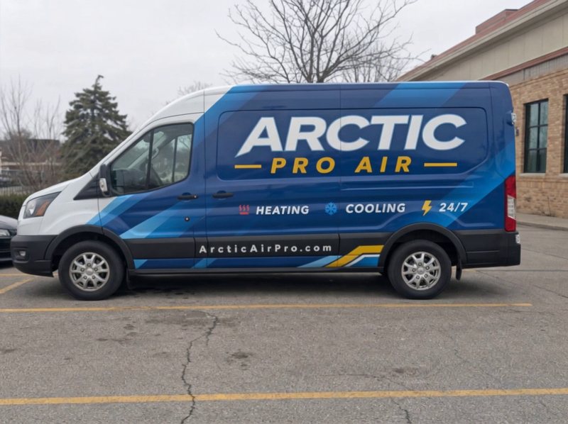 Concept mockup still: Arctic Pro Air Ford Transit van wrap spin video frame showing the blue geometric partial wrap branding.